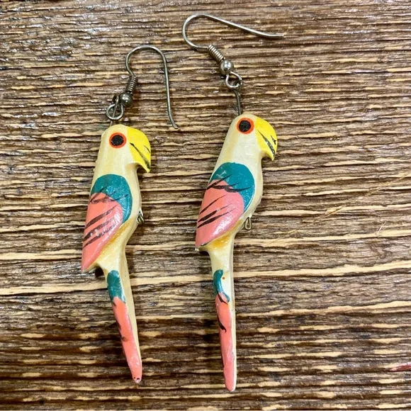 Vintage Parrot Earrings Handmade Wood - Picture 3 of 11